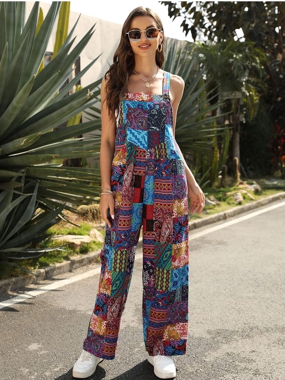 Boho Patchwork Wide-Leg Overalls Jumpsuit M